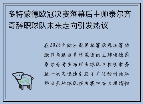 多特蒙德欧冠决赛落幕后主帅泰尔齐奇辞职球队未来走向引发热议